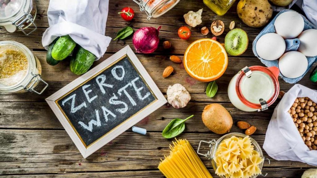 lots of food stuff with zero waste written on blackboard