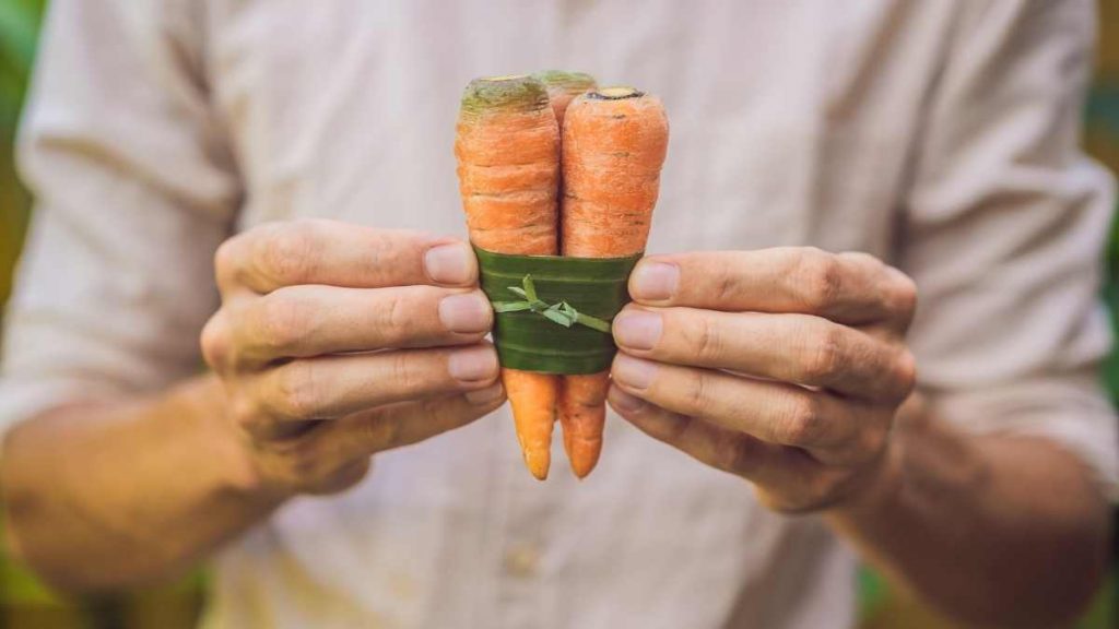 man holding 3 carrots